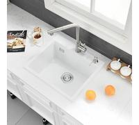 Bokaiya White Small Kitchen Sink, 50x45cm, Drop in Topmount Quartz Composite Kitchen Waste Kit, Deep Single Bowl Campervan Sink, with 2 Tap Holes and Siphon, Overfolw, Suitable for Workstation