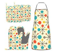 BOKEKANG Mid Century Fifties Modern Atomic Retro Colors Oven Mitts and Pot Holders With Apron Set of 5 Silicone Kitchen Mitten and Non-Slip Potholders Apron Set Heat Resistant Oven Gloves Hot Pads Set