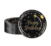 BOKFJBP 50 Pack Black and Gold Happy Birthday Paper Plates,7 inch Round Metallic Foil Polka Dots Disposable Dessert Party Plates Party Supplies for Birthday Weddings Holiday Gathering Bridal Shower