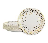 BOKFJBP 50 Pack White and Gold Dots Paper Plates,7 inch Round Metallic Foil Polka Dots Disposable Dessert Party Plates Party Supplies for Birthday Weddings Holiday Gathering Bridal Shower