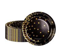 BOKFJBP 50 Pcs Party Paper Plates 9 inch, Black and Gold Foil Polka Dots 23cm Dinner Disposable Plate Tableware for Graduation Wedding Children's Birthday Camping Picnics All Occasions