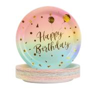 BOKFJBP 50PCS Happy Birthday Party Plates,7inch/17.8cm Gradient and Gold Rainbow Paper Disposable Plates Dishes Decorations for Birthday Baby Shower Engagement Anniversary Girls Ladies Kids