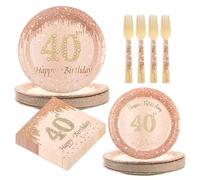 BOKFJBP 96Pcs 40th Rose Gold Birthday Decorations- Party Tableware Set Disposable Paper Plates Napkins Bamboo Forks Vintage 1985 Party Decorations for Ladies Women Girl Serves 24