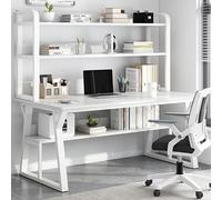 BOKNI Computer Desk with Shelves and Bookshelf, Modern Simple Desk with Sturdy Metal Frame, Writing and Work Station for Home and Office (39 Inch, White)