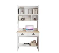 BOKNI Solid Wood Desk with Built-in Bookcase, Simple Work Table with Bookshelf for Home Bedroom (Color: 75 x 50 x 185cm, White + Walnut Color)