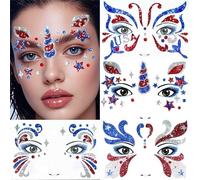 Boko 4th of July Face Stickers, 4Pcs Red White Blue Independence Day Temporary Tattoos for Patriotic Glitter Makeup, Self Adhesive Art Sticker Face Tattoos for Memorial Day Veterans Day Flag Party
