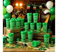 Bokon 12 Pcs St. Patrick's Day Plastic Cups with Lids 16 oz Reusable Irish Shamrock Green Tumbler Reusable Drinking Juice Cups for Patrick Day Irish Party Supplies Favors Gifts