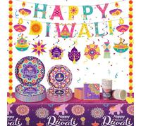 Bokon 121 Pcs Happy Diwali Decorations Diwali Party Tableware Set for 24 Guests Deepawali Lights Festival Tableware Tablecloth Banner Hanging Decorations Swirls Marigold Garland for India Deepawali