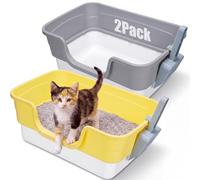 Bokon 2 Pack Small Cat Litter Boxes with Scoop, Plastic Open Top Litter Tray Pan for Kitty, with High Sides and Low Entry, Anti Splash and Easy to Clean, for Indoor Little Pets Puppy(Grey Yellow)