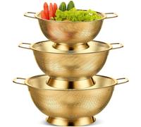 Bokon 3 Pcs Stainless Steel Colander Set Colander Bowl and Sieves 1/3/5 Quart Metal Mesh Strainer Net Basket with Handles Food Spaghetti Strainer for Kitchen Draining Pasta Rinsing(Gold)