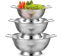 Bokon 3 Pcs Stainless Steel Colander Set Colander Bowl and Sieves 1/3/5 Quart Metal Mesh Strainer Net Basket with Handles Food Spaghetti Strainer for Kitchen Draining Pasta Rinsing(Silver)