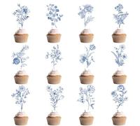 Bokon 48 Pcs Blue White Vintage Floral Cupcake Toppers Cake Decor Something Blue Before I Do Bridal Shower Decorations for Women Wedding Party Decorations Birthday Baby Shower Party Supplies