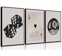 BOKPEN 3Pcs Black and White Poker Dice Wall Art Funky Retro Y2K Trendy Preppy Pictures Lucky 8 Ball Poster Canvas Prints Artwork Painting for Game Room Apartment Dorm Aesthetic Decor 16x24in Unframed