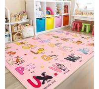 Bolacrom Kids Rugs for Playroom, 7x9 Feet Educational Rug for Learn The ABC Alphabet, Soft Machine Washable Non-Slip Cute Cartoon Animals Carpet for Classroom Toddler Nursery Kids Room Decor, Pink