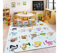 Bolacrom Kids Rugs for Playroom, 7x9 Feet Educational Rug for Learn The ABC Alphabet, Soft Machine Washable Non-Slip Cute Cartoon Animals Carpet for Classroom Toddler Nursery Kids Room Decor, Blue