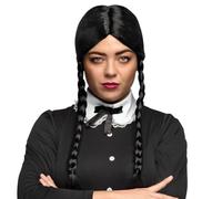 Womens Halloween Long Black Plaited Wednesday Style Adult Fancy Dress Wig