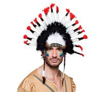 Boland 44138 - Indian Headpiece, One Size, Mohawk, Red/Black/White with Feathers and Side Straps, Chief, Leather, Warhood, Feather Jewellery, Headwear, Accessory