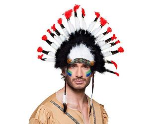 Boland 44138 - Indian Headpiece, One Size, Mohawk, Red/Black/White with Feathers and Side Straps, Chief, Leather, Warhood, Feather Jewellery, Headwear, Accessory