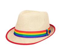 STRAW TRILBY WITH RAINBOW BAND AND RED TRIM PRIDE HEADWEAR