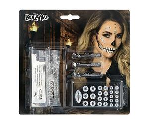 Boland 45096 Diamond Skull Make-Up Set, 3 Make-Up Pens, 1 Cream Make-Up White, 1 Glitter Gel and 25 Gemstones, Make-Up, Skeleton, Skull, Halloween, Carnival, Theme Party