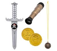 Boland 74141, Telescope 18 cm, Dagger 23 cm, Chain with Amulet, 2 Gold Coins, for Children, Set, Pirate Costume, Carnival, Halloween, Theme Party, Cartoon, Multicoloured, Standard Size