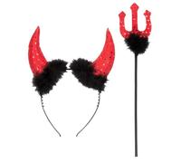 Boland Halloween Devil Costume Accessories Set - Black Headband with Horns and 30 cm Trident for Halloween Parties