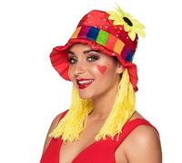 LADIES CLOWN HAT WITH RAINBOW BAND & WOOL HAIR CIRCUS FANCY DRESS