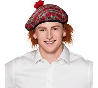 Boland Mr. Tartan 81223 Beret Red Checked with Red Tassels Rusty Hair Elastic Band Tartan Hat Scotland Highlands Costume Carnival Theme Party, one size