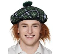 Boland Mr. Tartan Beret - Green Scottish Checked Hat with Hair - Ideal Accessory for Scottish Fancy Dress, Carnival, and Theme Parties