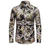 Bolcguri Mens Black Gold Buchona Chain Dress Shirts Luxury Baroque Print Long Sleeve Button Up Silky Shirt, White, S
