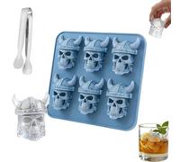 Bold 3D Viking Skull Ice Cubes, 6-Cavity Silicone Ice Tray with Funnel, Novelty Skeleton Ice Maker for Halloween Parties, Reusable Gifts for Men & Home Bar (a)