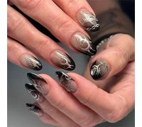 Bold Aesthetic Black French Tips Metallic Silver Edges Artificial Nails Easy Application 24Pieces French Nails Black Silver