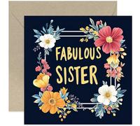 Bold and Beautiful Happy Birthday Card for Sister, Botanical Floral Frame, With Dark Background and Pastel Colours, Contemporary Illustrated Design, Blank Inside for Personal Message
