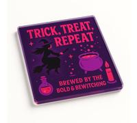 Bold & Bewitching Acrylic Coaster Gift - Halloween Witchy Vibe Brew Design with Witches, Broomsticks & Cauldrons