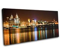 Bold Bloc Design - Liverpool Skyline Night Mersey City 150x75cm SINGLE Canvas Art Print Box Framed Picture Wall Hanging - Hand Made In The UK - Framed And Ready To Hang 0021-0289(00B)-SG21-LO-C