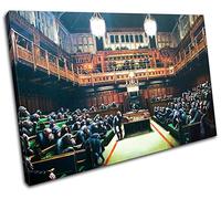 Bold Bloc Design - Monkey Parliament Banksy Painting - 120x80cm Canvas Art Print Box Framed Picture Wall Hanging - Hand Made In The UK - Framed And Ready To Hang
