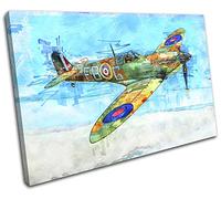 Bold Bloc Design - RAF Spitfire War Retro Transportation 90x60cm SINGLE Canvas Art Print Box Framed Picture Wall Hanging - Hand Made In The UK - Framed And Ready To Hang 0021-0070(00B)-SG32-LO-D