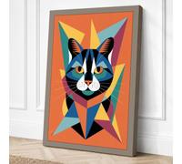 Bold Cat Face Geometric Canvas Wall Art Print 18x12 (45.7×30.5cm) Taupe,