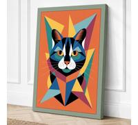 Bold Cat Face Geometric Canvas Wall Art Print 24x16 (61×40.6cm) Sage,