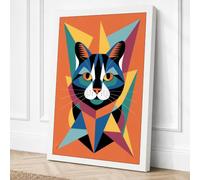 Bold Cat Face Geometric Canvas Wall Art Print 24x16 (61×40.6cm) White,
