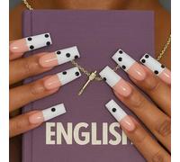 Bold Contrast French Tip Nail Tips With Polka Dots - Modern Manicure Set For Fashion Forward Nail Art And Sophisticated Accessories, Glossy Square Press On With Black Dots For Women