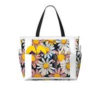 Bold Daisy Print Large Waterproof Beach Tote Bag for Women with Zip and Pockets Foldable Handbag for Travel Pool Shopping Holiday Gym