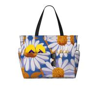 Bold Daisy Print Large Waterproof Beach Tote Bag for Women with Zip and Pockets Foldable Handbag for Travel Pool Shopping Holiday Gym
