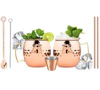 BOLD & DIVINE Copper Plated Moscow Mule Mugs Set of 2 | 18 Oz | Hammered Copper Cups with 304 Stainless Steel Lining and Gold Brass Handles | Copper Straws, Mixing Spoon, Shot Glass & Cleaning Brush
