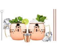 BOLD & DIVINE Copper Plated Moscow Mule Mugs Set of 2 | 18 Oz Hammered Cups with 304 Stainless Steel Lining and Gold Brass Handles | Bonus Copper Straws, Shot Glass & Cleaning Brush