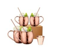 BOLD & DIVINE Copper Straws & Mugs - Set of 4, Each 1/2 LBS, Incl. 4 Straws, 1 Shot Glass, 1 Spoon, Food-Safe Lacquer