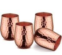 BOLD & DIVINE Copper Wine Glasses | Set of 4 | 17oz Each | Gleaming 100% Solid Hammered Copper Stemless Wine Cups Great Copper Tumblers