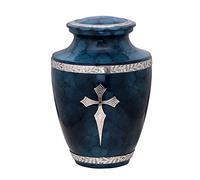 BOLD & DIVINE Cremation Urns for Human Ashes - Elite Cross Blue Cloud Decorative Cremation Urn for Funeral w/Satin Bag for Storage - Adult 200 Cubic Inches