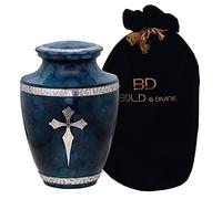 BOLD & DIVINE Elite Cross Blue Cloud Decorative Cremation Urn | Large | 200 Cubic Inches | For Human Ashes Adult Memorial, Burial, Funeral Cremation Urn with Unique Velvet Bag
