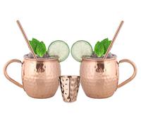 BOLD & DIVINE Moscow Mule Copper Mugs - Set of 2, 100% HANDCRAFTED - Food Safe Pure Copper Solid Mugs - 16 oz Gift Set with Premium Quality Cocktail Straws & Shot Glass!